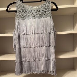 White House Black Market Gray Fringe Lace Blouse